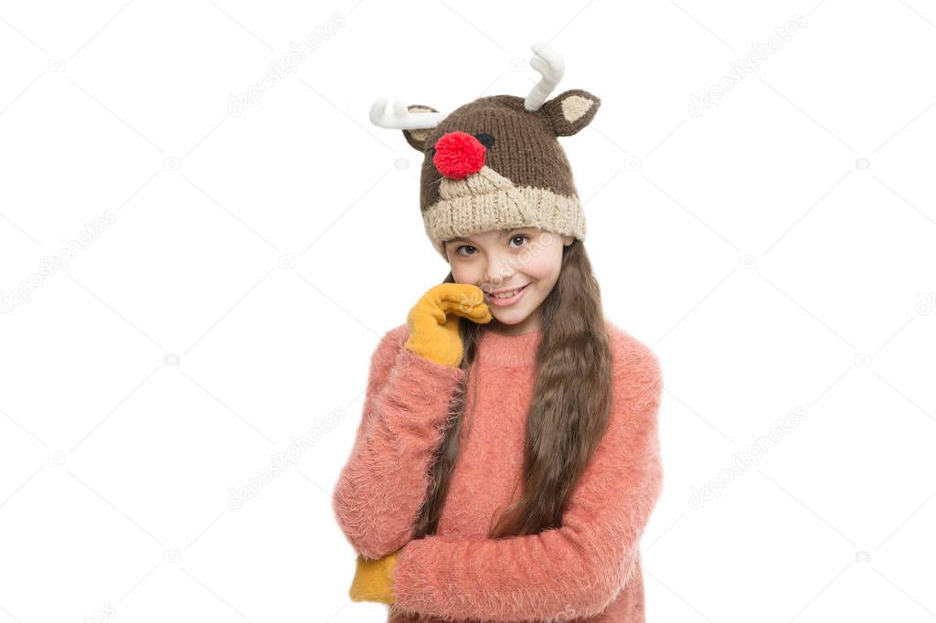 Diy and handmade handcrafted goods. Playful cutie. Adorable baby wear cute winter knitted deer hat. Cute reindeer with red nose. Cute accessories. Girl wear winter theme accessory. Christmas carnival