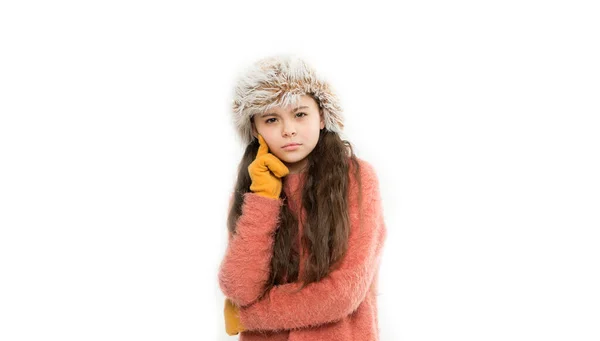 Anti static hair product. Static and frizz. Adorable child long hair soft fur hat. Child care concept. Girl long hair wear fur hat white background. Winter shampoo and conditioner prevent hair damage — Stock Photo, Image