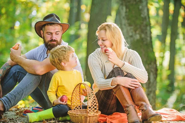 自然の中の春のピクニックのための良い一日。自然と統一。家族の日のコンセプトです。子供少年の森でハイキングしながらリラックスと幸せな家庭。家族の週末。母父と幼い息子に座るフォレスト ピクニック — ストック写真