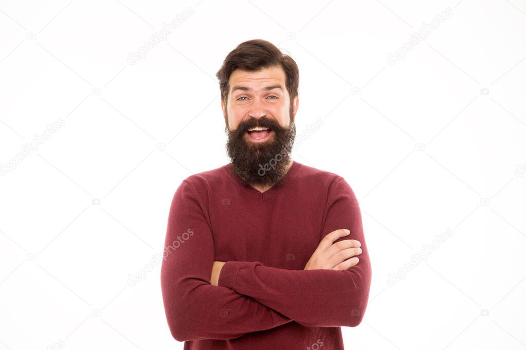 he is really surprised. cheerful hipster after barbershop. male fashion. beard hair care. brutal man isolated on white. mature bearded man. hipster with moustache and beard. hairdresser salon