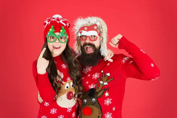 Party accessories. Family holiday. Family values. Dad and daughter celebrate new year. Happy family. Small girl and cheerful father man. Family wear winter sweaters. Having fun. Christmas memories — Stock Photo, Image