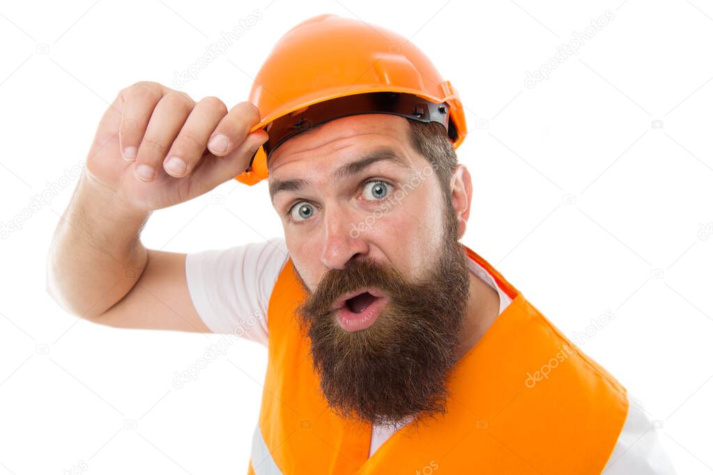 Leave the work to the professional. Bearded man workman isolated on white. Construction worker in protective work wear. Building engineer or builder. Building and construction work. Work safety