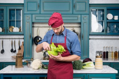 Mutfakta vejetaryen şef. Diyet ve organik gıda. Sakallı adam aşçı. Şapkalı aşçı. Aşçılık dersi. Yemek hazırlamak. Düzgün beslenme. Fitness diyeti. En iyi yemek. Sağlıklı yiyecekler. Vejetaryen tarifi