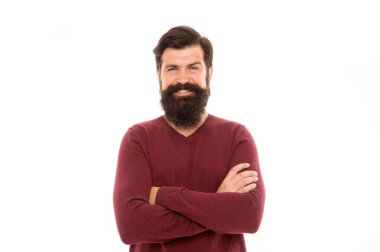 Tarzını takip ediyor. Kuaförden sonra mutlu ol. Berber dükkanı konsepti. Erkek modası. sakal bakımı. Vahşi adam beyaz arka planda izole edilmiş. Olgun sakallı adam. Bıyıklı ve sakallı hippi.