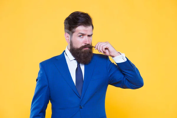 Successful and charismatic investor. leadership concept. agile business. businessman broker formal suit. handsome bearded man insurance agent. male beauty fashion. Growing and maintaining moustache — Stock Photo, Image