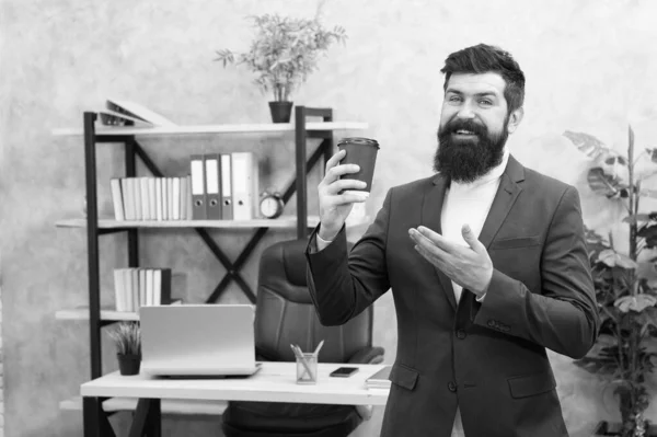 modern innovation. Businessman in formal outfit. Confident man. Boss workplace. Coffee break. Bearded man in business office. innovation strategy. innovation technology. good coffee - good business