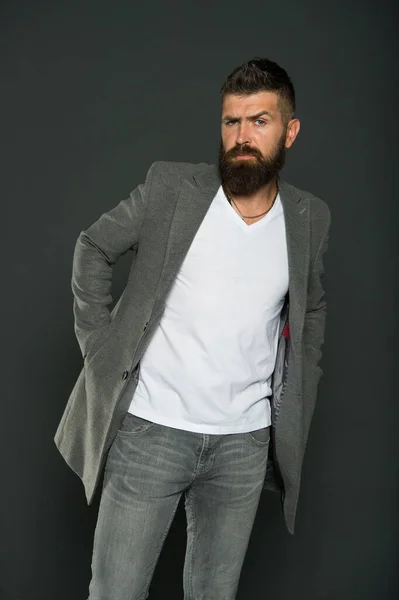 Hipster wearing casual outfit. Clothes shop. Menswear trend. Menswear. Hipster wear comfy outfit. Caucasian man demonstrate fashionable menswear. Bearded man with moustache and beard unshaven face — Stock Photo, Image