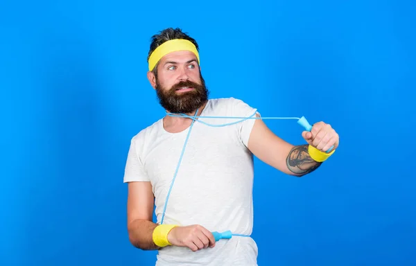 Funky style. Sport shop equipment. summer activity. Man bearded athlete hold jumping rope. motivation concept. mature sportsman. fitness instructor do exercise in gym. lead healthy lifestyle