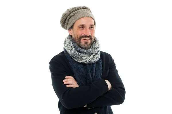 Winter collection. Warmth and comfort. Casual coat for cold winter conditions. Handsome guy wearing scarf white background. Feeling good. Knitted accessory. Mature man cold winter weather style — Stock Photo, Image