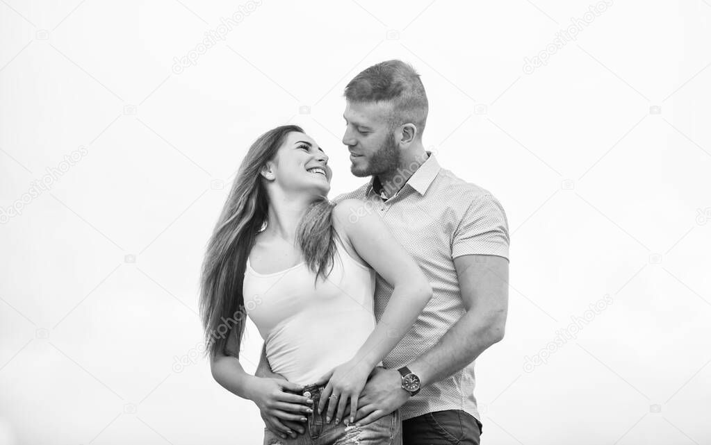 Devotion and trust. Together forever we two. Love story. Romantic relations. Cute and sweet relationship. Couple in love. Couple goals concept. Man and woman cuddle nature background. Family love