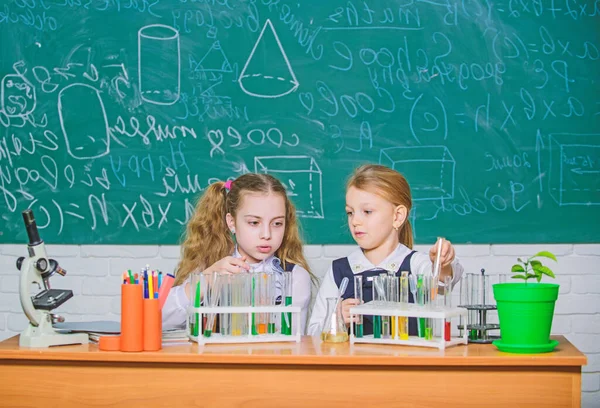 Okul kimya ders kızlar. Okul laboratuvar ortakları. Çocuklar ile deneme meşgul. Renkli maddeler ile test tüpleri. Kimyasal analiz ve gözlem tepki. Okul laboratuvar donatımı — Stok fotoğraf