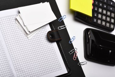 Business and work concept: office tools on black and white clipart
