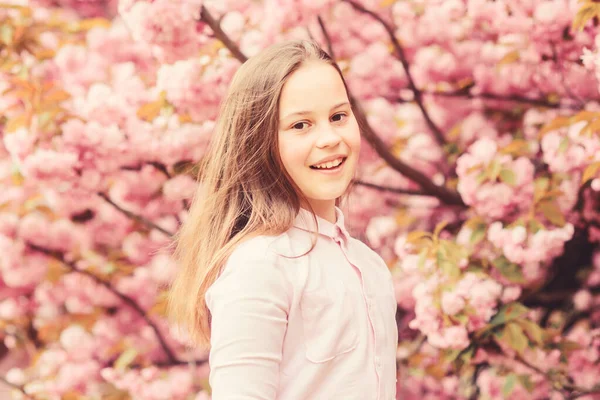 La niña disfruta de la primavera. Niño sobre flores rosadas de sakura fondo del árbol. Chico disfrutando de la flor de cerezo sakura. Feliz vacaciones de primavera. Primavera en el jardín botánico. Así huele la primavera. Flor tierna — Foto de Stock