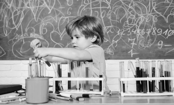 Wunderkind y el desarrollo temprano. Becas de estudio y becas. Niños inteligentes realizando pruebas de química. Pequeño alumno que aprende química en la escuela. Laboratorio de química. Concepto de conocimiento práctico — Foto de Stock