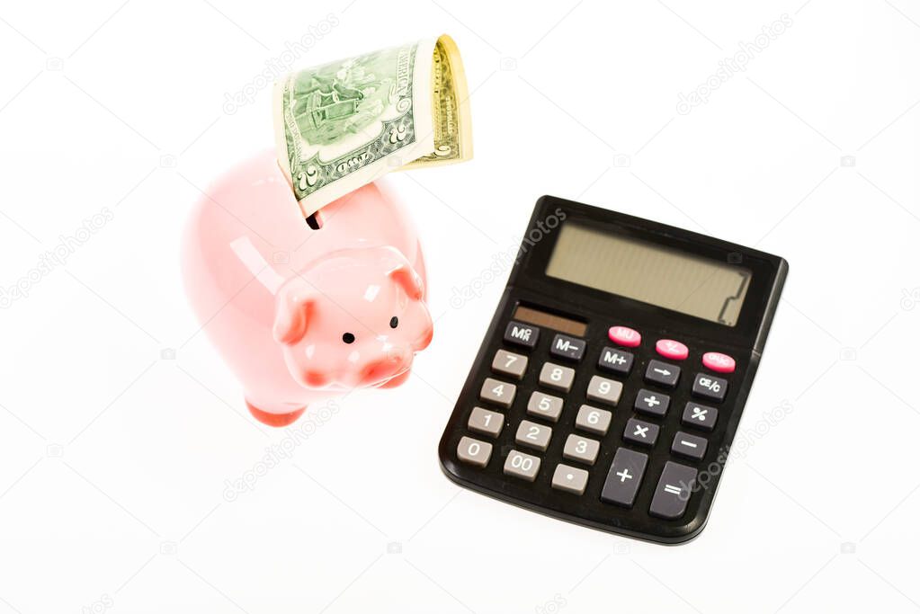 Economics and profit management. Economics and finance. Investing gain profit. Economics and business administration. Piggy bank money savings. Piggy bank pig and calculator. Credit debt concept