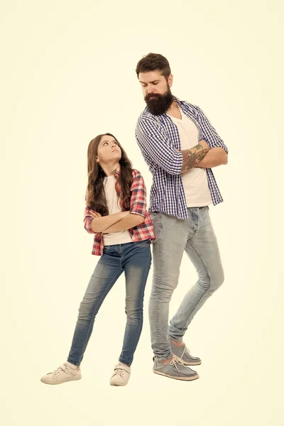 My father is superhero. Being brave hero for small daughter. Support and defence. Little child and hipster father on white background. We are team. Bearded father and small girl stand back to back