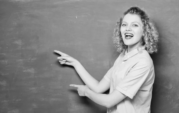 Woman teacher at school lesson. university or college life. back to school. woman likes studying. knowledge day. empty blackboard information. happy student at blackboard. copy space. Teachers day — Stock Photo, Image