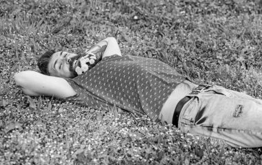 Bahar kavramı. Hippi sakal rahatlatıcı dandelions buket. Sakallı yüzü gülen üzerinde bahar tadını çıkarın. Sakal karahindiba çiçeklerle sakallı adam çayır, çimen arka plan üzerinde yatıyordu