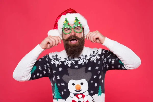Be fashionable and celebrate. Happy hipster in fashionable santa style. Bearded man twirl fashionable mustache. Holiday celebration. Christmas and new year. Fashionable design for festive holidays — Stock Photo, Image