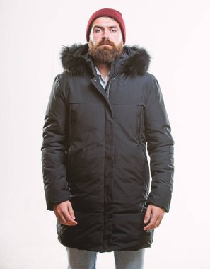 Adam stand sıcak ceket parka beyaz arka plan üzerinde izole sakallı. Nasıl en iyi kış ceket tercih. Hava geçirmez ceket kavramı. Kış sezonu erkek giyim. Hood sıcaklık ve hava direnci ekler