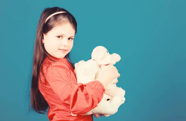 Memórias acalentadoras da infância. Conceito de infância. Menina pequena rosto sorridente com brinquedos. Feliz infância. Menina brincar com urso de pelúcia de brinquedo macio. Muitos brinquedos nas mãos dela. Coletar brinquedos passatempo — Fotografia de Stock