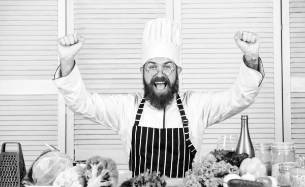 Best quality. Cuisine culinary. Vitamin. Healthy food cooking. Mature hipster with beard. Dieting organic food. Vegetarian salad with fresh vegetables. Happy bearded man. chef recipe