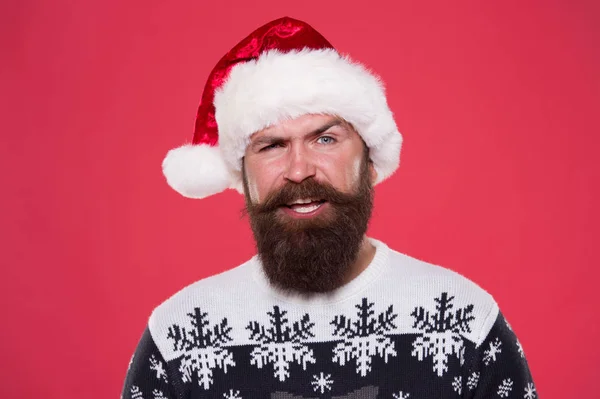 Daring to congratulate. Handsome Santa. Bearded hipster looking confident Santa claus hat. Winter holidays. Naughty. Brutal attractive Santa long beard face close up. Fashionable man. Merry christmas — Stock Photo, Image
