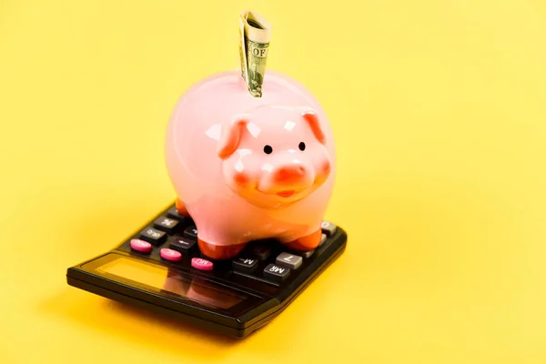 Economics and finance. Financial wellbeing. Savings account. Savings deposit is convenient flexible way depositing savings. Piggy bank pink pig stuffed dollar banknote and calculator. Money savings