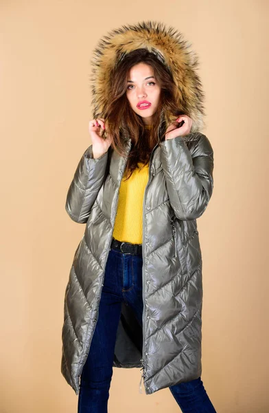 Shopping in any weather. flu and cold. seasonal fashion. woman in padded warm coat. beauty in winter clothing. cold season shopping. happy winter holidays. girl in puffed coat. faux fur fashion — Stock Photo, Image