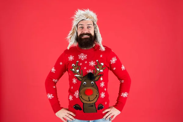 Get into festive spirit with cheerful reindeer sweater. Happy hipster in reindeer jumper. Spread cheer with reindeer design fashion. New year wardrobe collection with reindeer. Christmas eve party — Stock Photo, Image