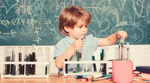 Bolsas de estudo e bolsas de estudo. Wunderkind e desenvolvimento inicial. Crianças inteligentes realizando teste de química. Pequeno aluno aprendendo química na escola. Laboratório de química. Conceito de conhecimento prático — Fotografia de Stock