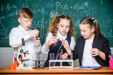 Kızlar ve erkek öğrenciler sıvılarla okul deneyi yapıyorlar. Okulun kimya dersi. Madde içeren test tüpleri. Resmi eğitim. Okul laboratuarı. Grup öğrencileri kimyasal sıvılar üzerinde çalışıyor
