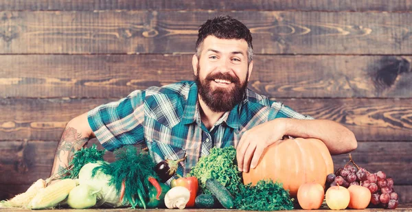 Welcome to my farm. Man bearded farmer harvest wooden background. Farmer with homegrown vegetables. Vegetables organic harvest. Farmer rustic style guy. Natural foods. Vegetarian lifestyle concept