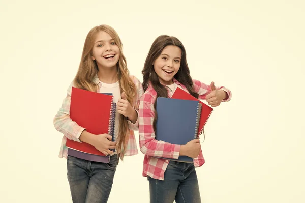 Adoramos estudar. Papelaria escolar. Alunos carregando grandes manuais para as aulas da escola. A ter aulas extra. Meninas com livros escolares fundo branco. Feliz por serem estudantes. Conceito de material escolar — Fotografia de Stock