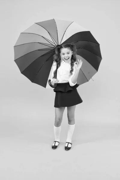 그 이상 확인. 노란색 배경에 확인을 제스처 행복 한 작은 학생. 화려한 우산 아래 확인 제스처와 함께 웃고 어린 소녀. 그녀는 연구에서 확인을하고있다 — 스톡 사진