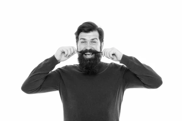 Cuidado com o cabelo. Conceito de barbearia. Cabelos de barba crescem em taxas diferentes. Para crescer a barba impressionante, simplesmente guarde sua navalha e aparador e espere. Homem com barba longa e bigode isolado fundo branco — Fotografia de Stock