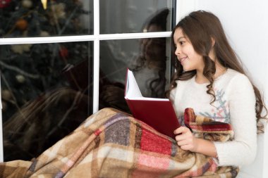 Küçük okuyucu evde okumayı sever. Yeni yıl arifesi. Noel hikâyesi okuyan küçük bir kız. En iyi Noel kitabı. Kitapçı reklamı. Küçük gülümseyen çocuk kitap okuyor. Edebiyat kulübü. Noel ruhu