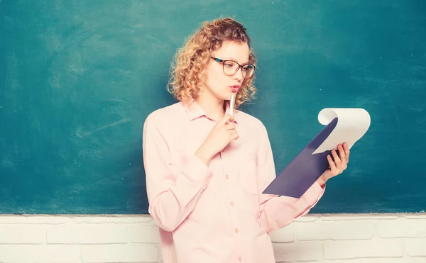 Next school year. Girl prepare for exams. girl teacher at private lesson. report project. back to school. essay writing. teacher with document folder. working student in glasses at blackboard — Stock Photo, Image