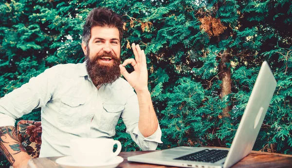 Remote job. Freelance professional occupation. Satisfied with result. Well done. Hipster busy with freelance. Wifi and laptop. Drink coffee and work faster. Bearded man successful freelance worker