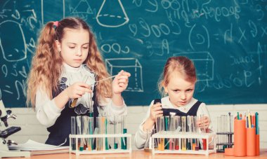 Renkli maddeler ile test tüpleri. Kimyasal analiz ve gözlem reaksiyonu. Laboratuvar için okul ekipmanları. Okul kimya dersindeki kızlar. Okul laboratuvar ortakları. Deneyle meşgul olan çocuklar