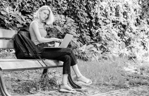 Study outdoors. Woman student work with notebook. Learn study explore. Surfing internet. Modern student life. Regular student. Girl adorable student with laptop and coffee cup sit bench in park