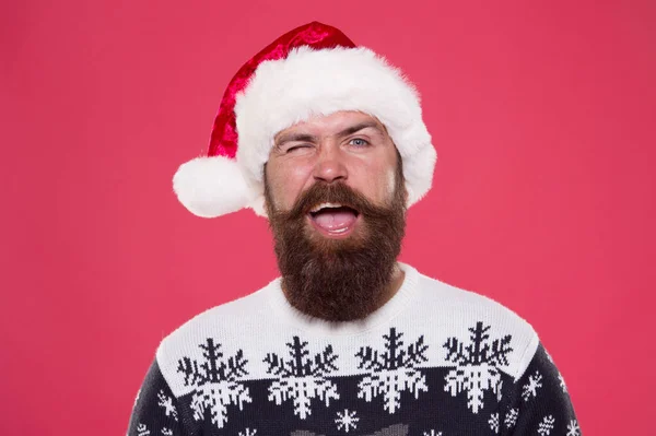 Wishing good luck. Sincere greeting. Winking face. Bearded man mustache. Christmas and new year. Barbershop. Barber hipster. Barber services for Santa claus. Happy barber in fashionable santa style