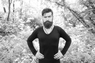 Adam sakallı hipster parlak yeşillik arka plan. Adam yaz ormanında rahatla. Sakallı ve bıyıklı yakışıklı adam yaz tatili. Ormanların vahşeti kavramı. Yaz sıcağı sezonu konsepti. Vahşi doğa