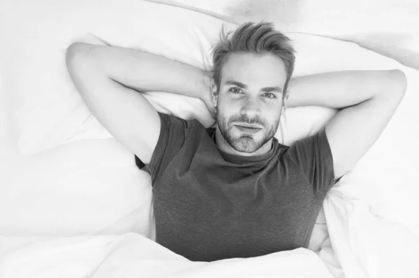 Bearded man face relaxing. Relaxing before fall asleep. Get enough amount of sleep every night. Maintaining consistent circadian rhythm essential for general health. Man handsome guy relaxing in bed — Stock Photo, Image