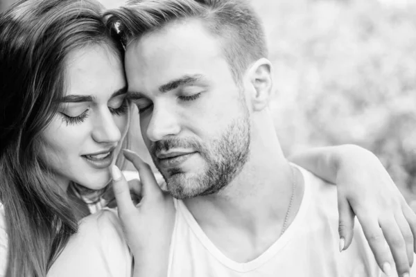 Attractive couple. Sexual attraction. Relaxing with darling. Lovers cuddling. Couple in love. Trust and intimacy. Sensual hug. Love romance concept. Romantic date. Handsome man pretty girl in love — Stock Photo, Image