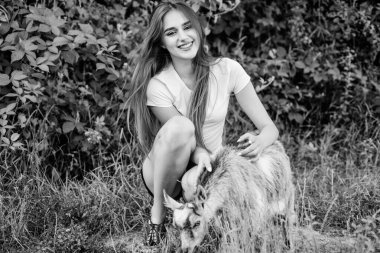 Hayvanları koruyun. Veteriner mesleği. Çiftlikte ki hayvanları tedavi etmek. Kadın sevimli keçi yi oynuyor. Doğayla birleşmiş. Hayvanlar yasası. Kız ve keçi yeşil çimenleri. Çiftlik ve tarım kavramı. Köy hayvanları