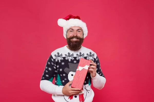 Favorite tradition. Gift from santa. Happy new year. Christmas gift concept. Man celebrate holiday with gift box. Hipster in winter sweater. December best deals. Magic in air. Shopping before feast — Stock Photo, Image