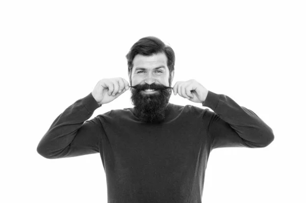 Il suo stile. barbuto maturo cura dei baffi. hipster con i baffi. Salone da parrucchiere. Felice hipster dopo il barbiere. moda maschile. cura dei capelli barba. uomo brutale isolato su bianco. Amo il mio stile — Foto Stock