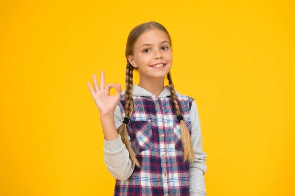 Proprio eccellente. Felice giornata internazionale dei bambini. Sfondo giallo bambina. Idea di buon umore. Vibrazioni positive. Emozioni sincere. Bella ragazza intrecciata. Capelli lunghi. Piccola ragazza a scacchi camicia — Foto Stock