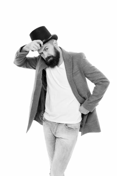 Sans compromettre le style. Homme de mode dans un style rétro. Hipster tendance avec moustache et barbe dans un style décontracté portant un chapeau vintage. Homme barbu en chapeau noir dans un style classique — Photo